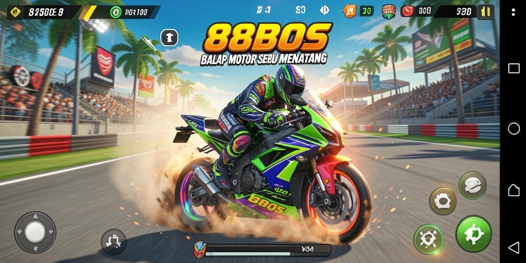 Tampilan gameplay seru dalam 88BOS dengan aksi balap motor yang menegangkan.