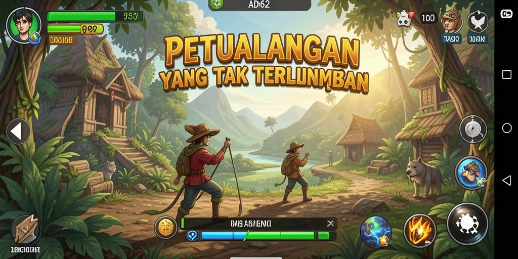Screenshot gameplay ADG62 yang menunjukkan dunia petualangan yang luas.