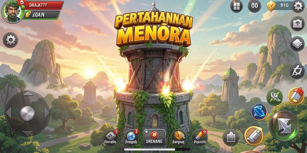 Tampilan utama gameplay DRAJA777 menampilkan menara dan musuh dalam pertempuran.