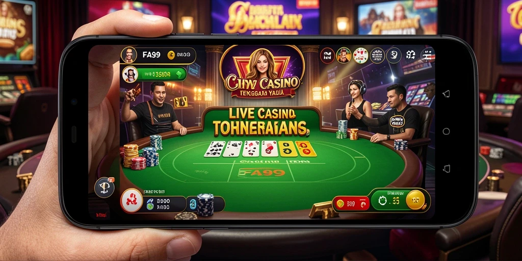 Tangkapan layar gameplay FA99 yang menunjukkan dealer profesional dan suasana permainan.