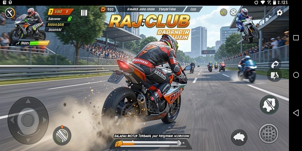 Screenshot gameplay RAJACLUB menampilkan balapan motor yang mendebarkan dan realistis.